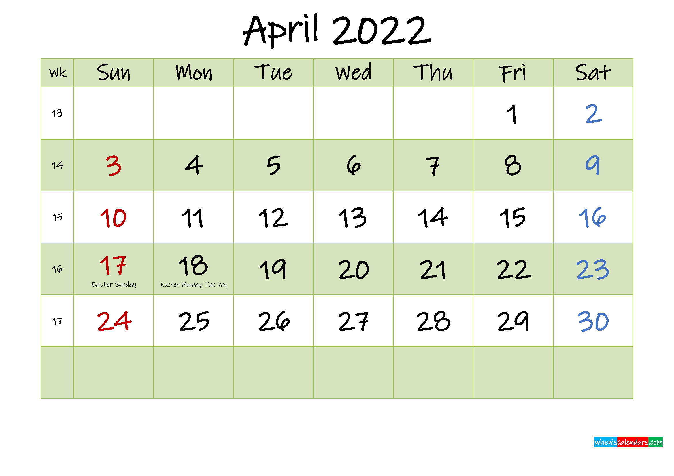 April 2022 Calendar With Holidays Printable - Template No