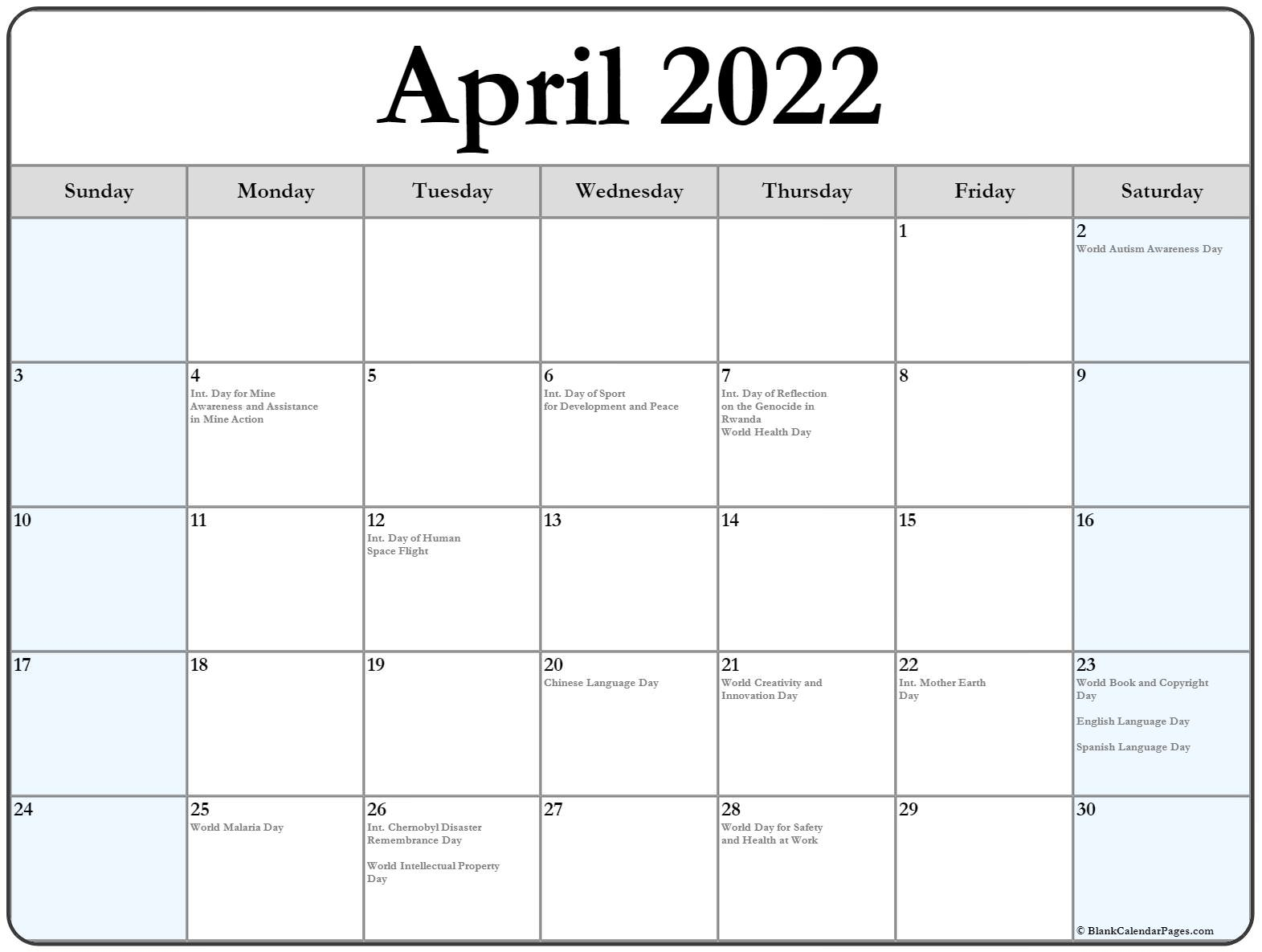 April 2022 Calendar With Holidays