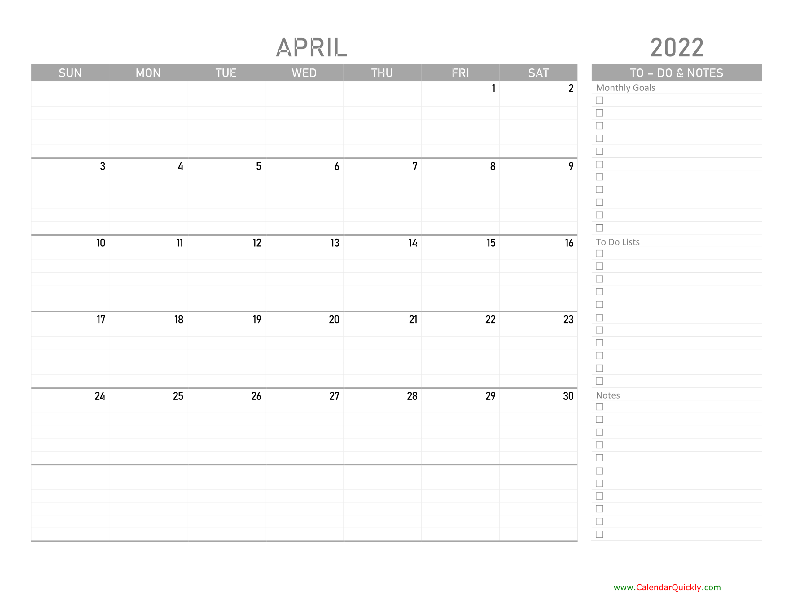 April 2022 Calendar With To-Do List | Calendar Quickly