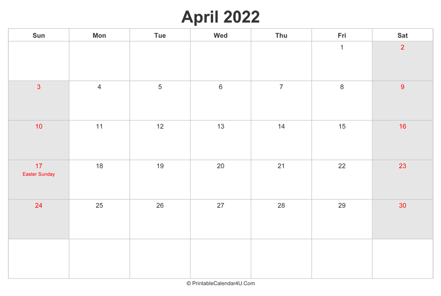 April 2022 Calendar With Us Holidays Highlighted
