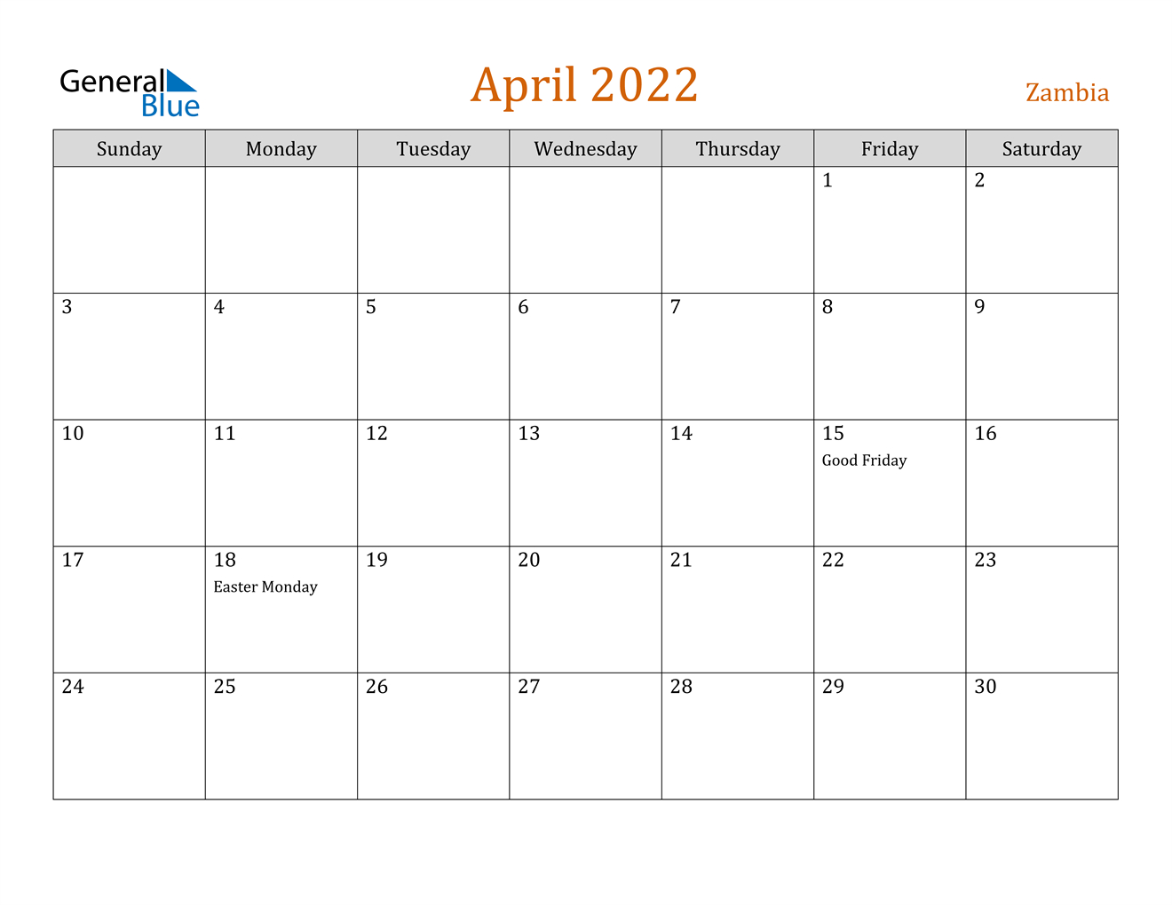 April 2022 Calendar - Zambia