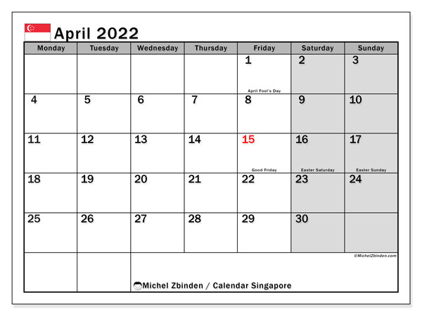 April 2022 Calendars &quot;Public Holidays&quot; - Michel Zbinden En