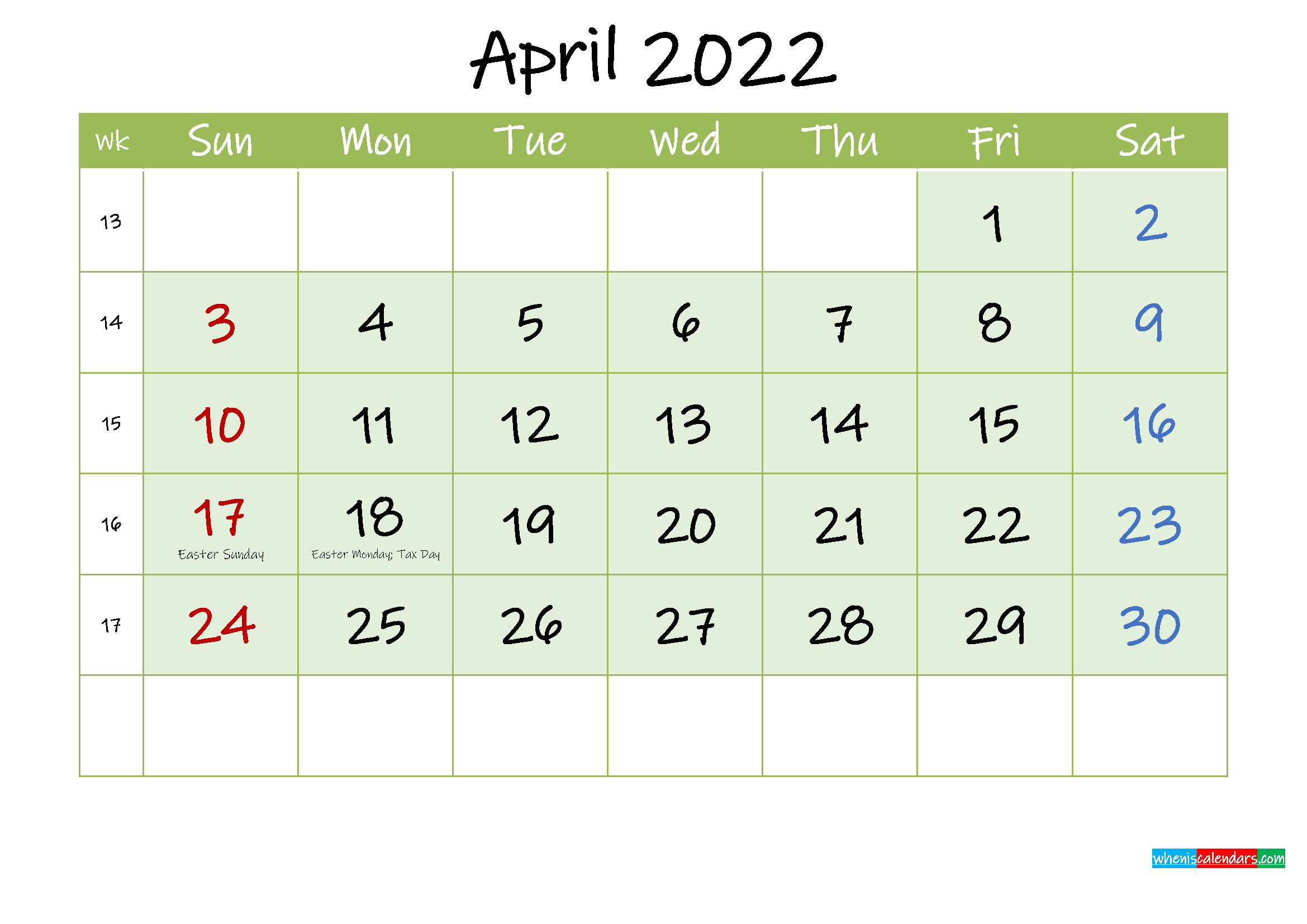 April 2022 Free Printable Calendar - Template Ink22M124