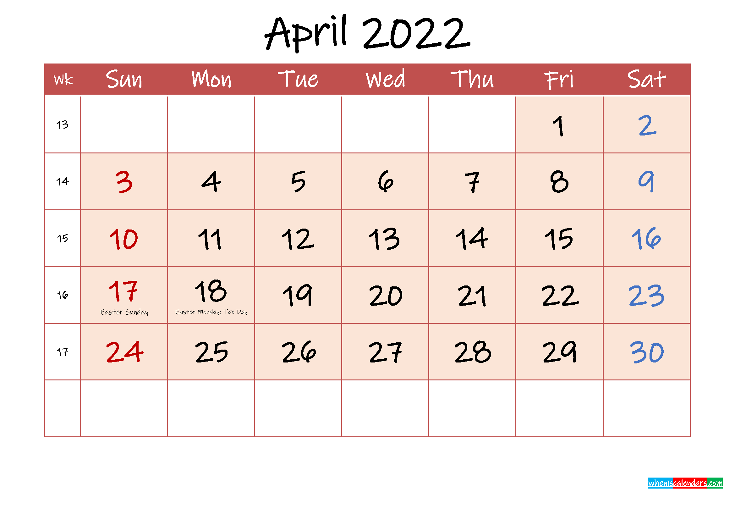 April 2022 Free Printable Calendar With Holidays