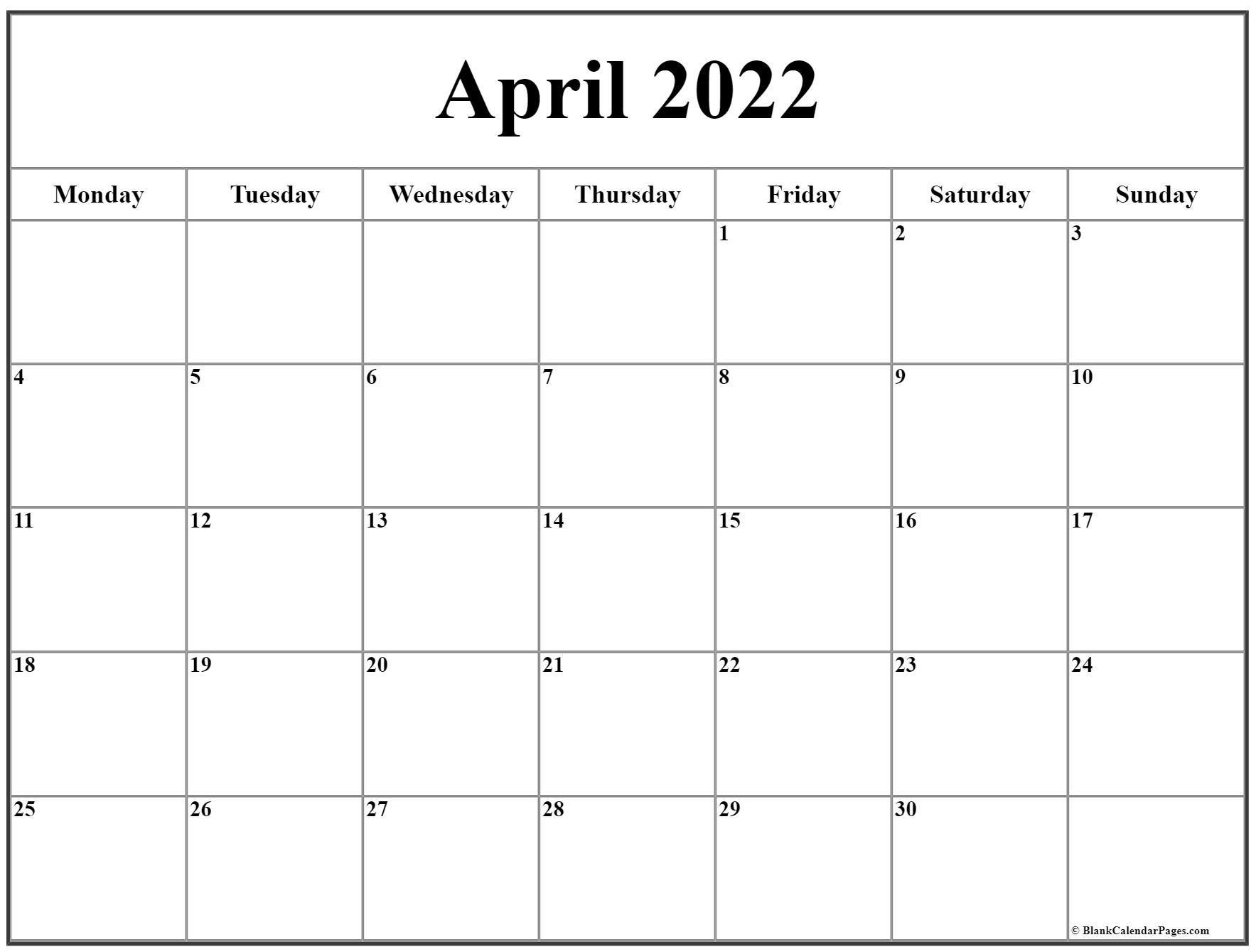 April 2022 Monday Calendar | Monday To Sunday