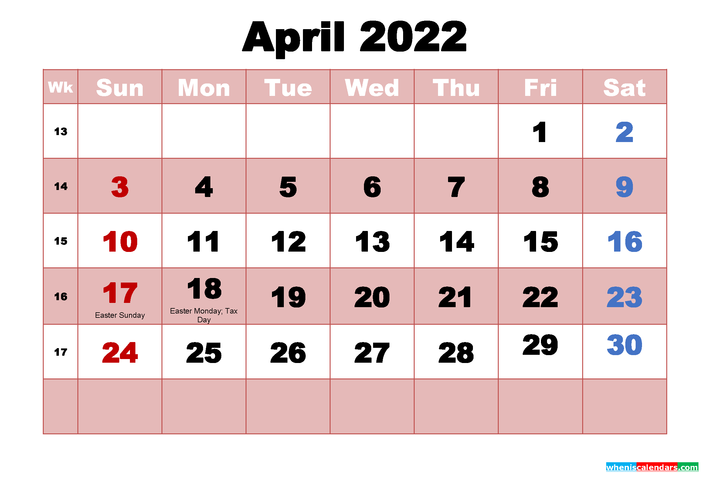 April 2022 Printable Monthly Calendar With Holidays | Free