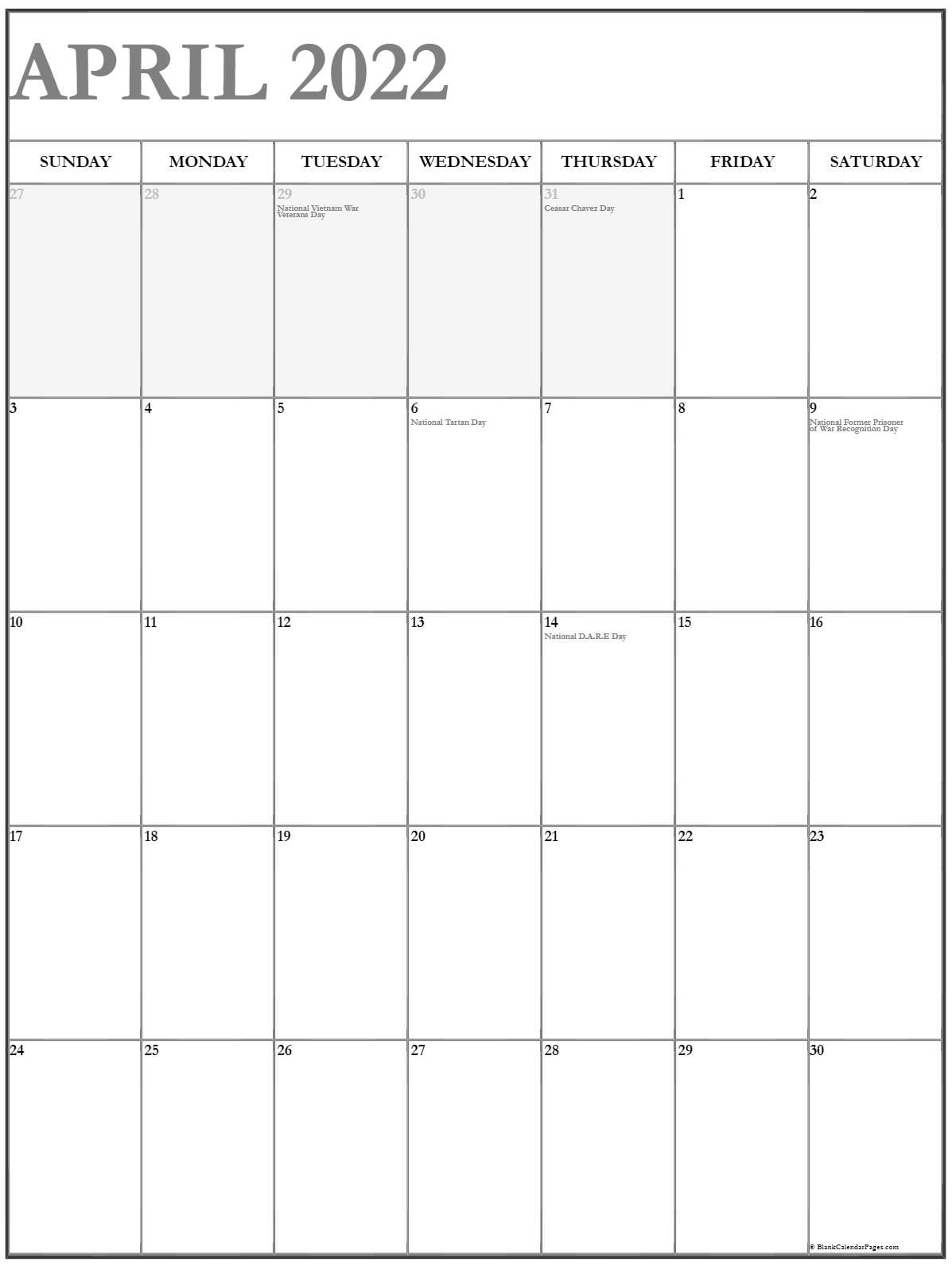 April 2022 Vertical Calendar | Portrait
