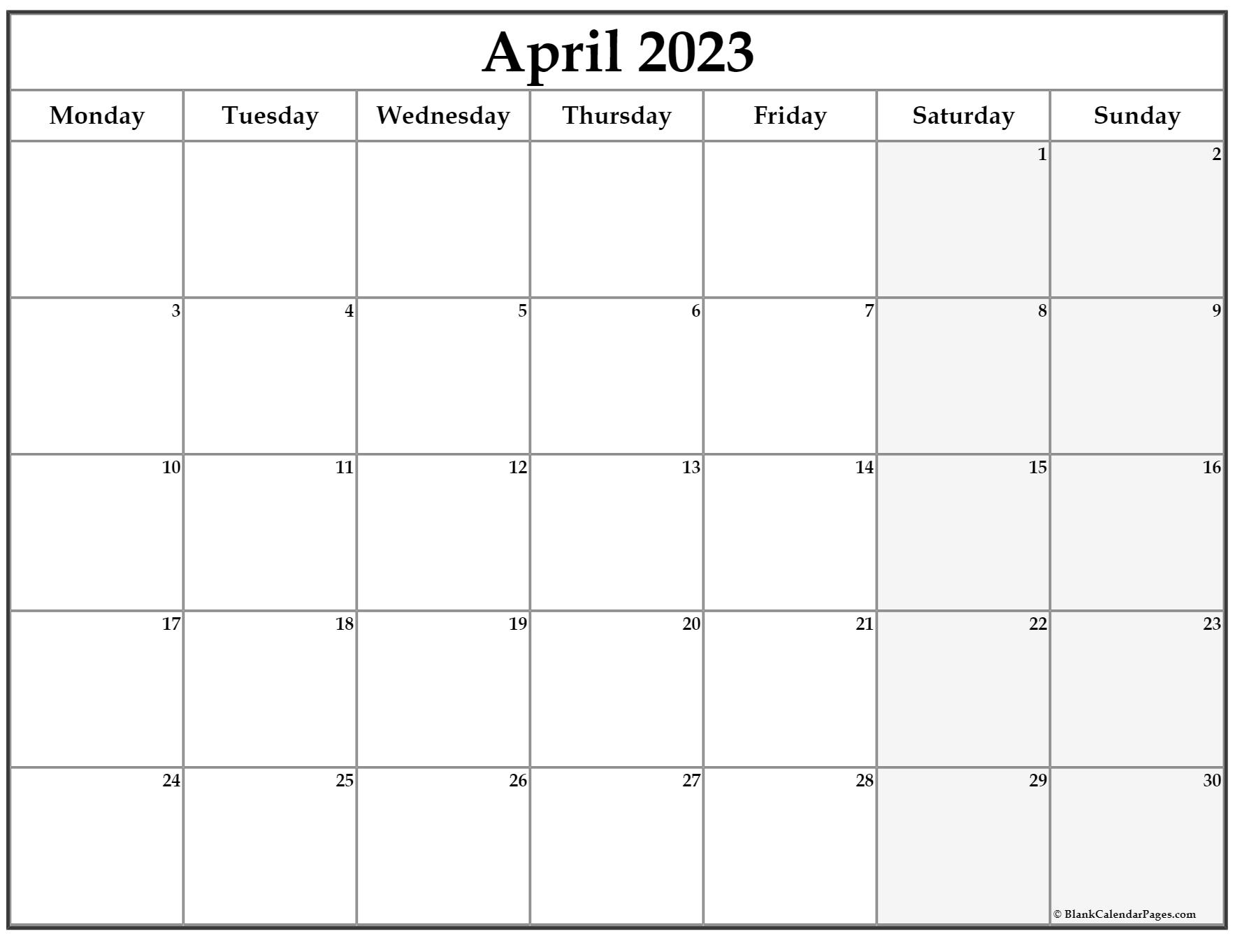 April 2023 Monday Calendar | Monday To Sunday