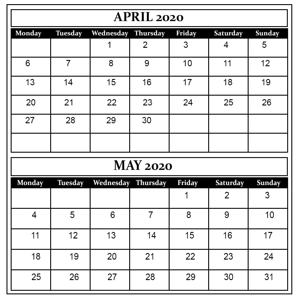 April And May 2020 Printable Calendar - 2 Month - Calendar