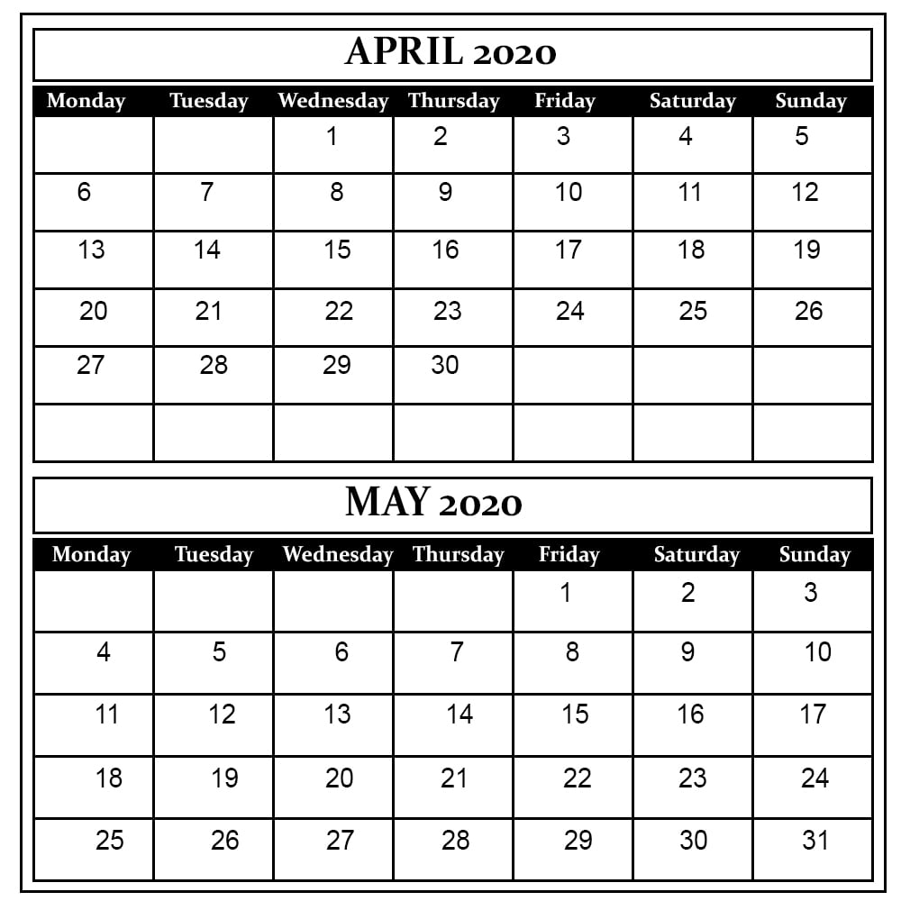 2 Month Printable Calendar April May 2022 Month Calendar Printable