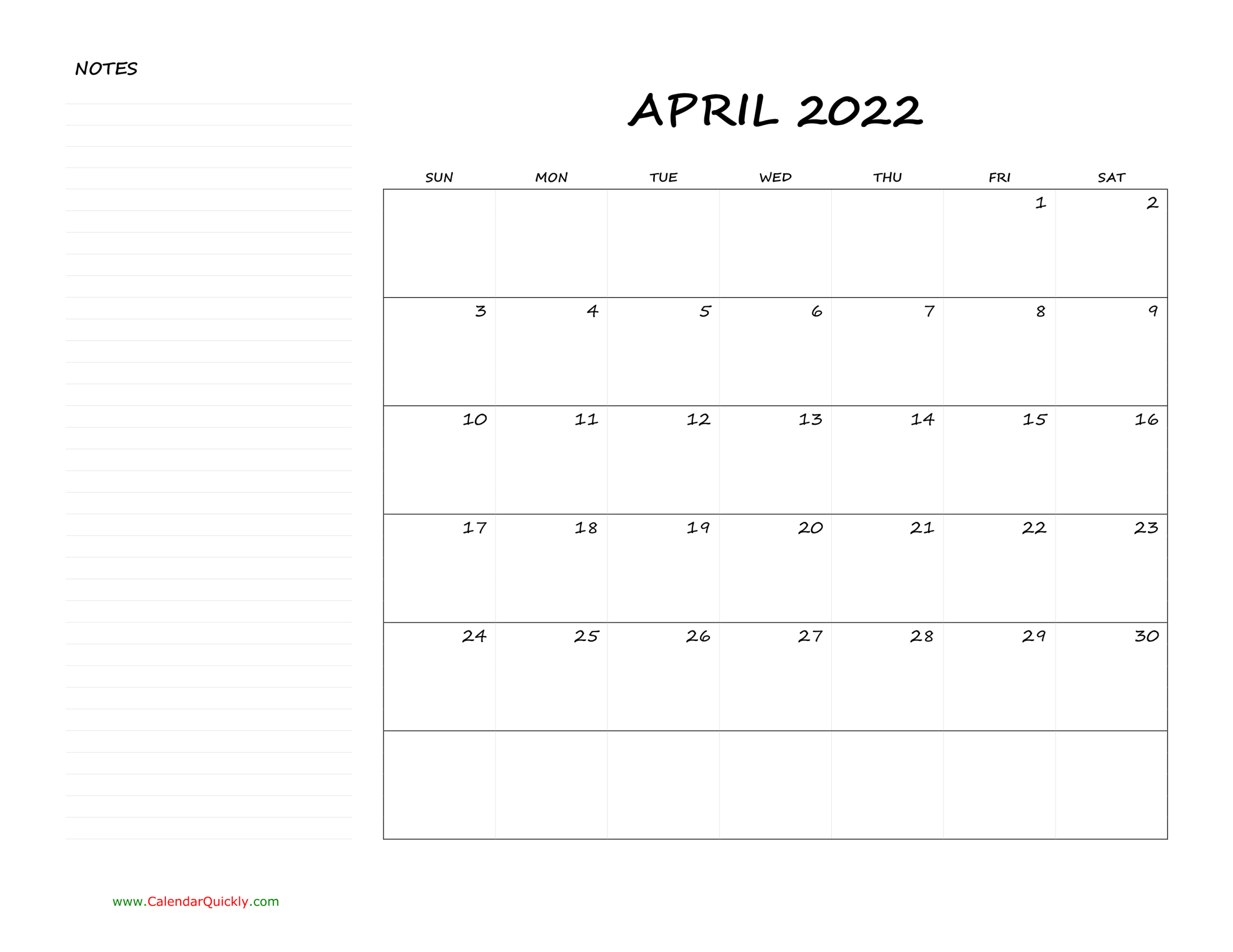 April Blank Calendar 2022 With Notes | Calendar Quickly