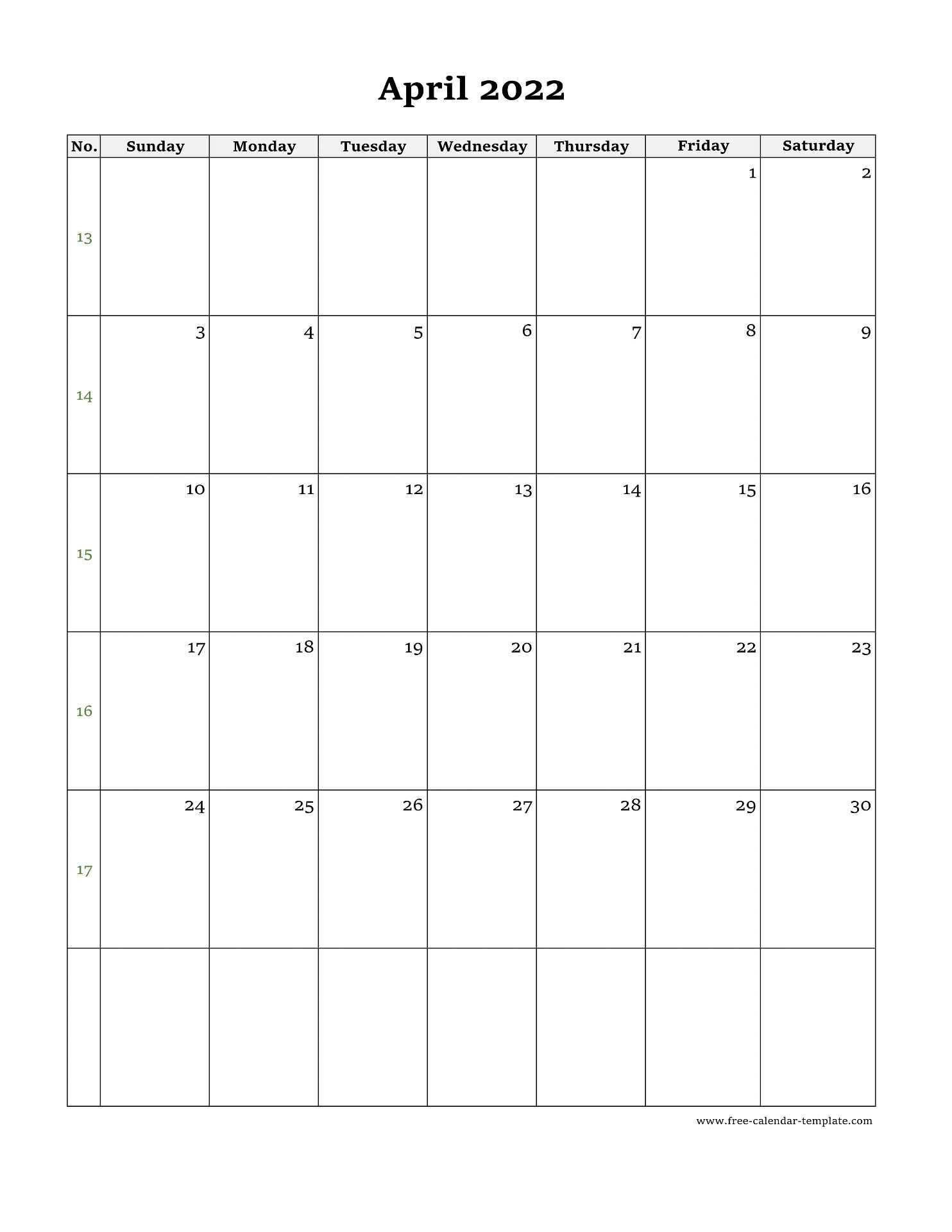April Calendar 2022 Simple Design With Large Box On Each