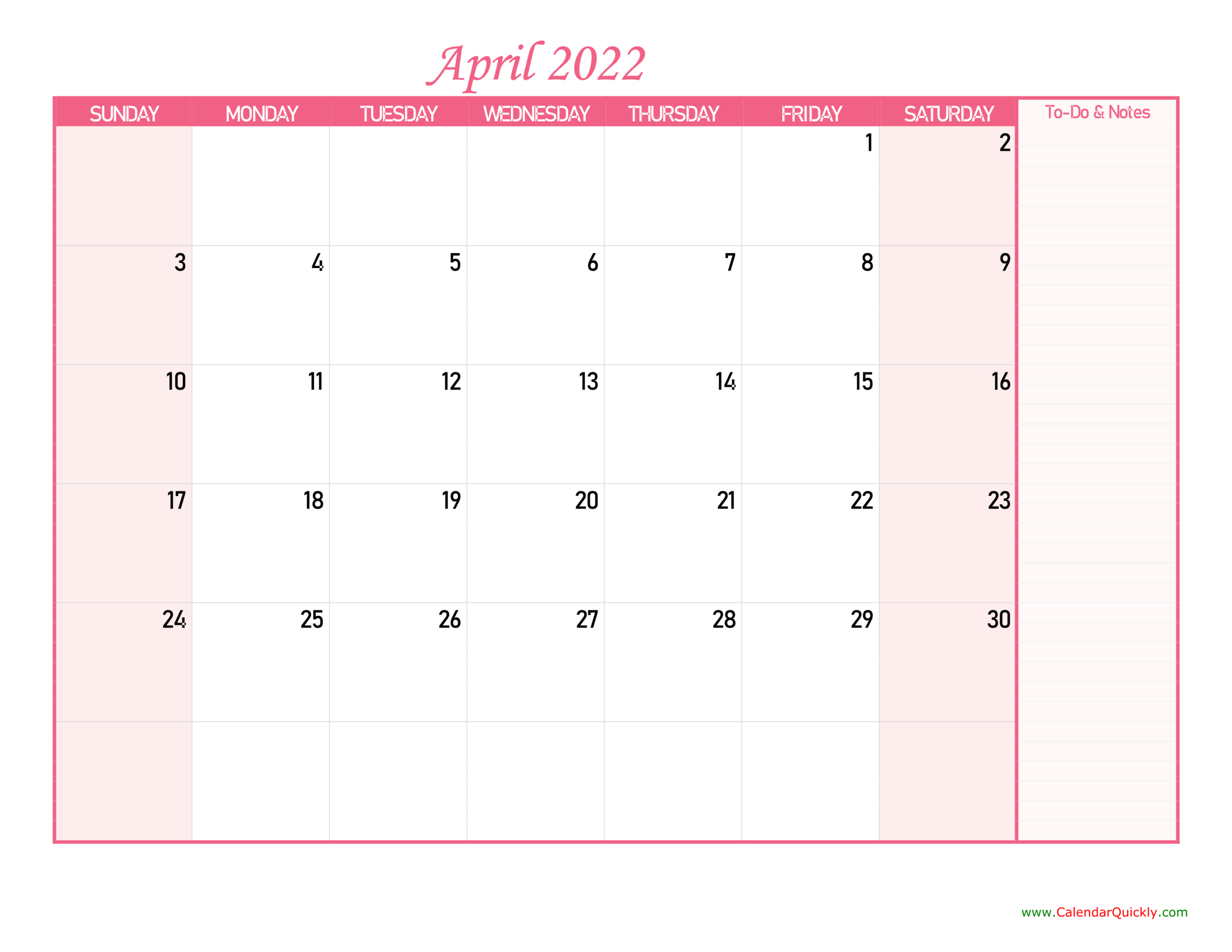 April Calendar 2022 With Notes | Calendar Quickly