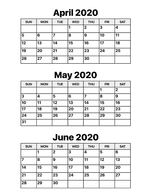 April May June 2020 Calendar Template (3 Months Printable)