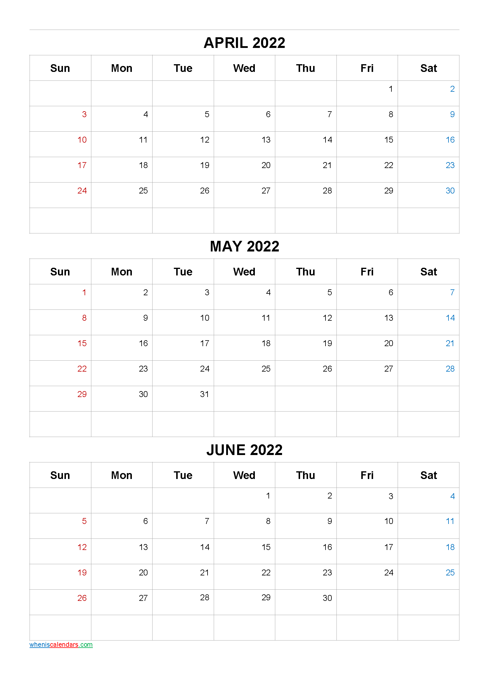 April May June 2022 Calendar Printable Free [Q1-Q2-Q3-Q4