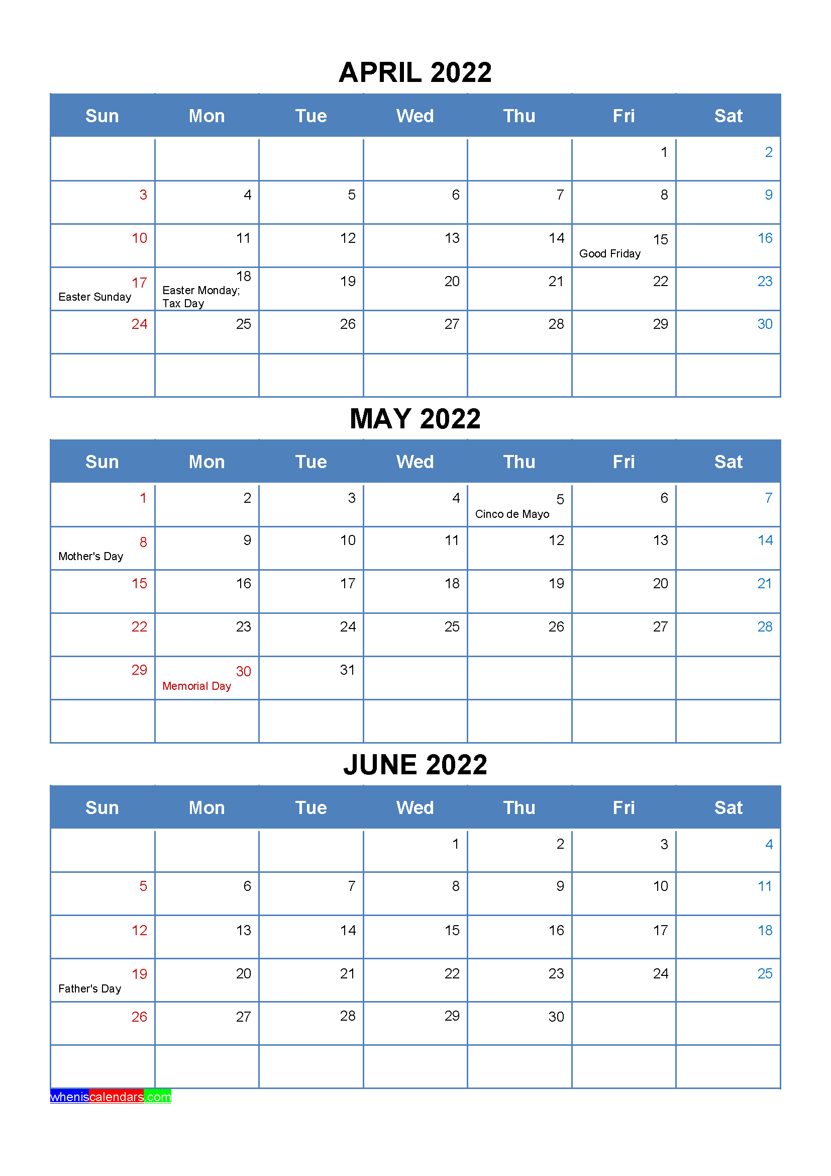 April May June 2022 Calendar With Holidays [Four Quarters