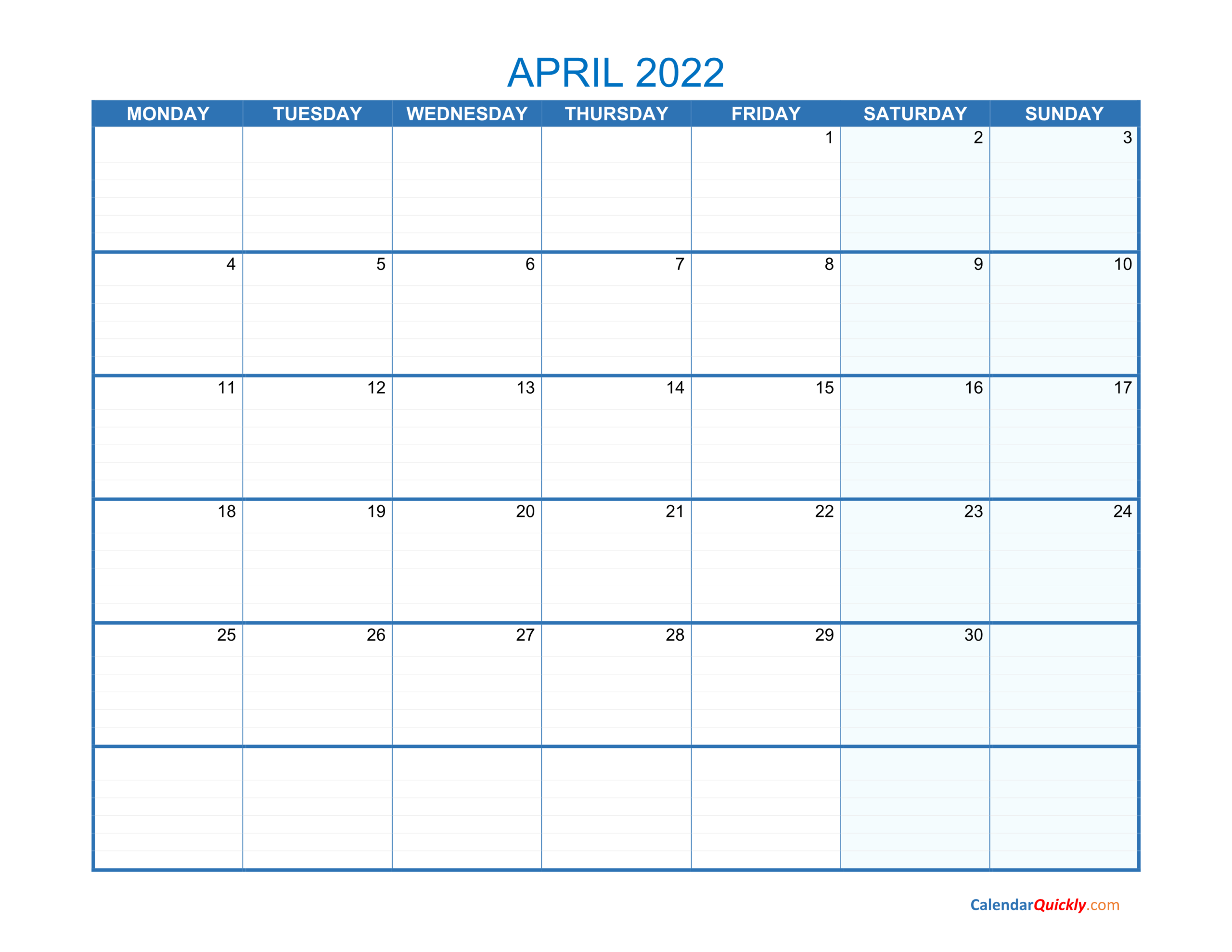 April Monday 2022 Blank Calendar | Calendar Quickly