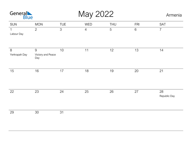 Armenia May 2022 Calendar With Holidays