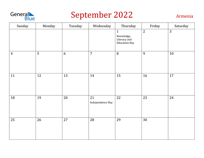 Armenia September 2022 Calendar With Holidays