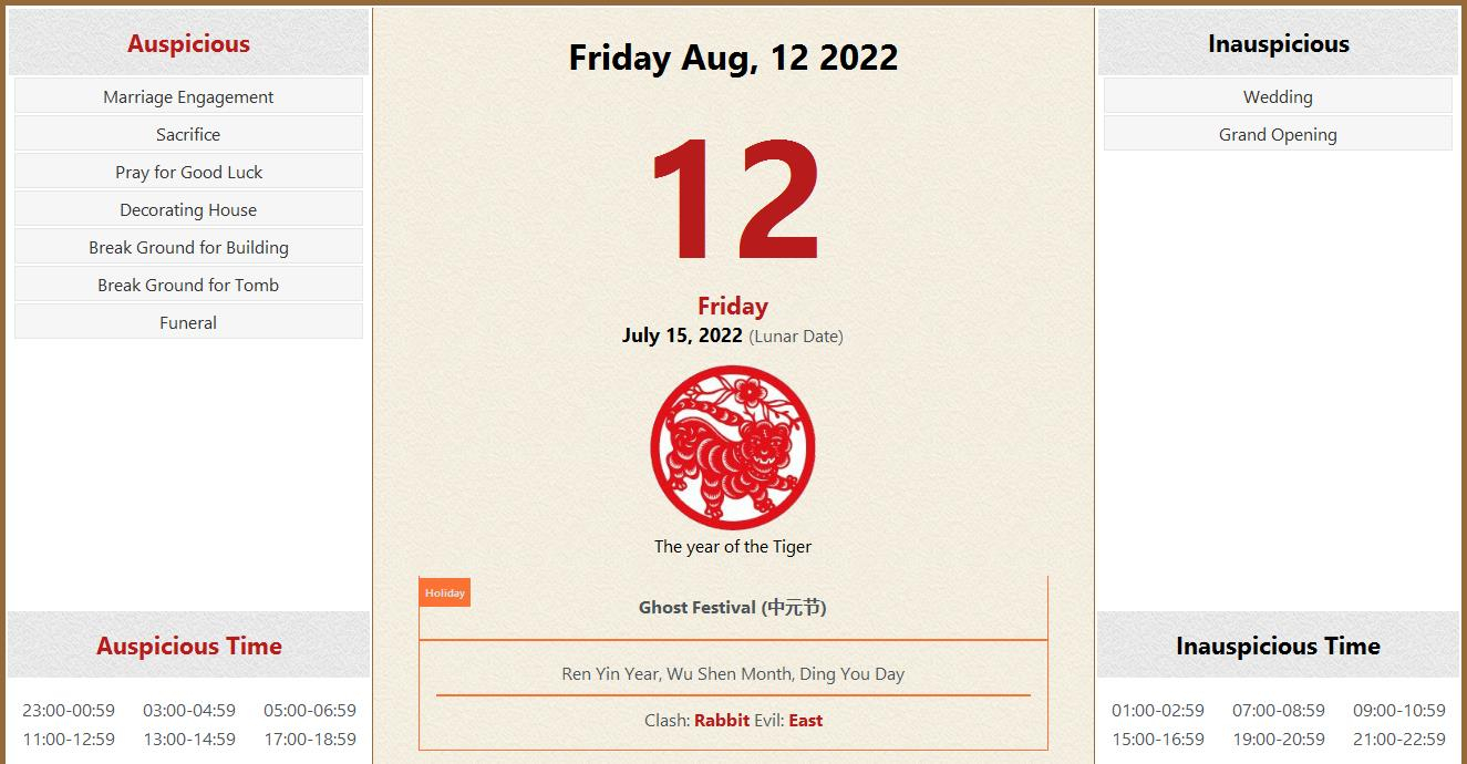 August 12, 2022 Almanac Calendar: Auspicious/Inauspicious