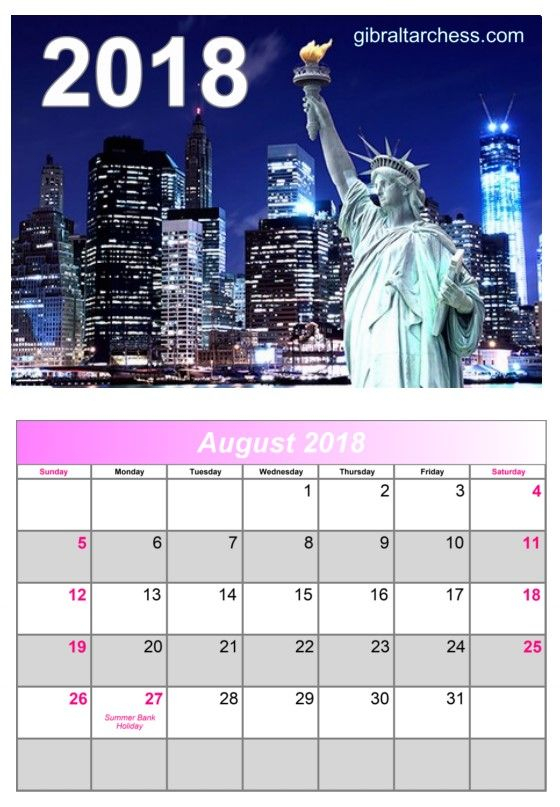 August 2018 Holidays Calendar United States Usa 7