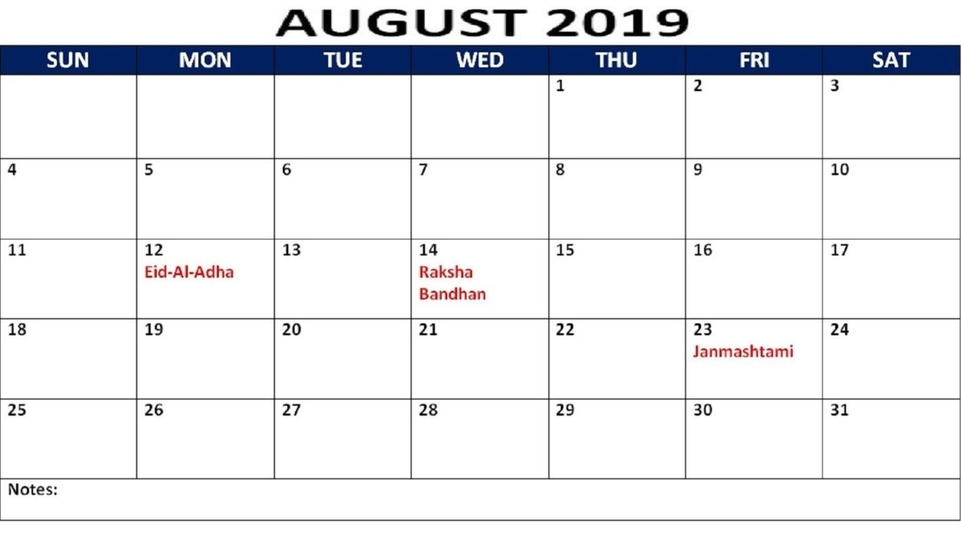 August 2019 Calendar With Holidays Us, Uk, Canada