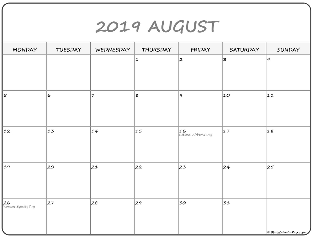 August 2019 Monday Calendar | Monday To Sunday | Calendar