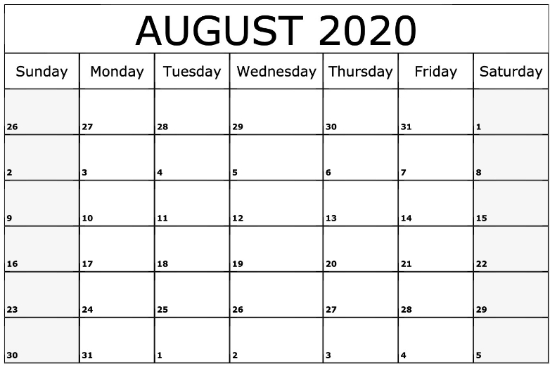 August 2020 Calendar Printable - Monthly Templates
