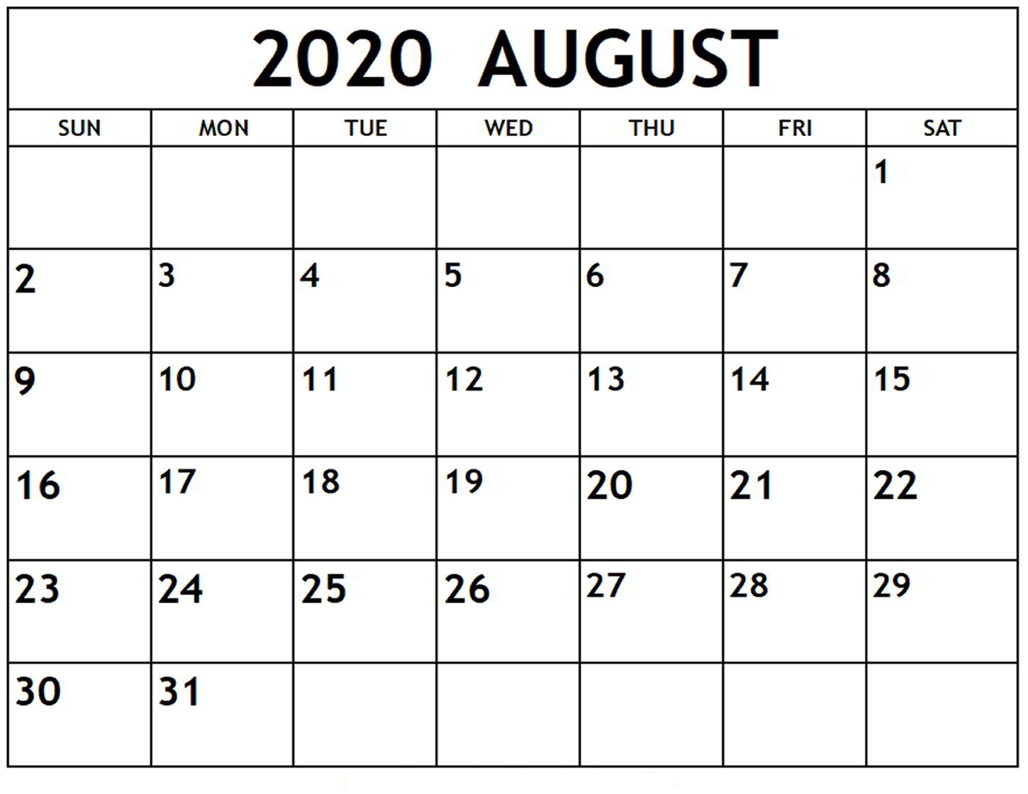 August 2020 Calendar Printable - Monthly Templates