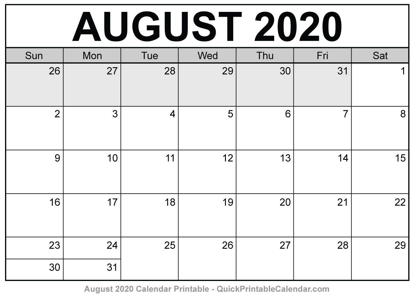 August 2020 Calendar Printable