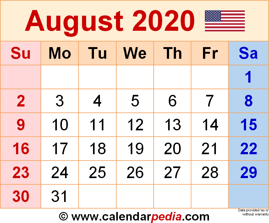 August 2020 Calendar | Templates For Word, Excel And Pdf