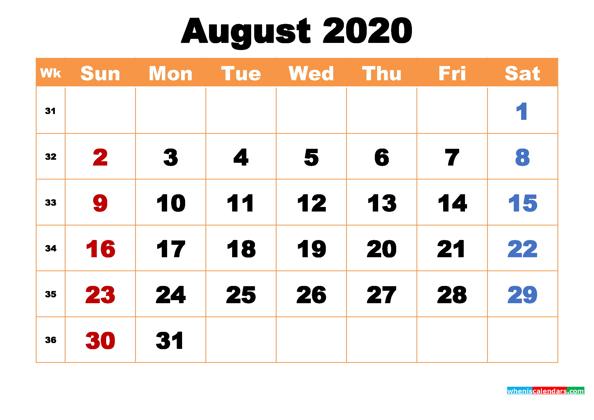 August 2020 Printable Monthly Calendar With Holidays