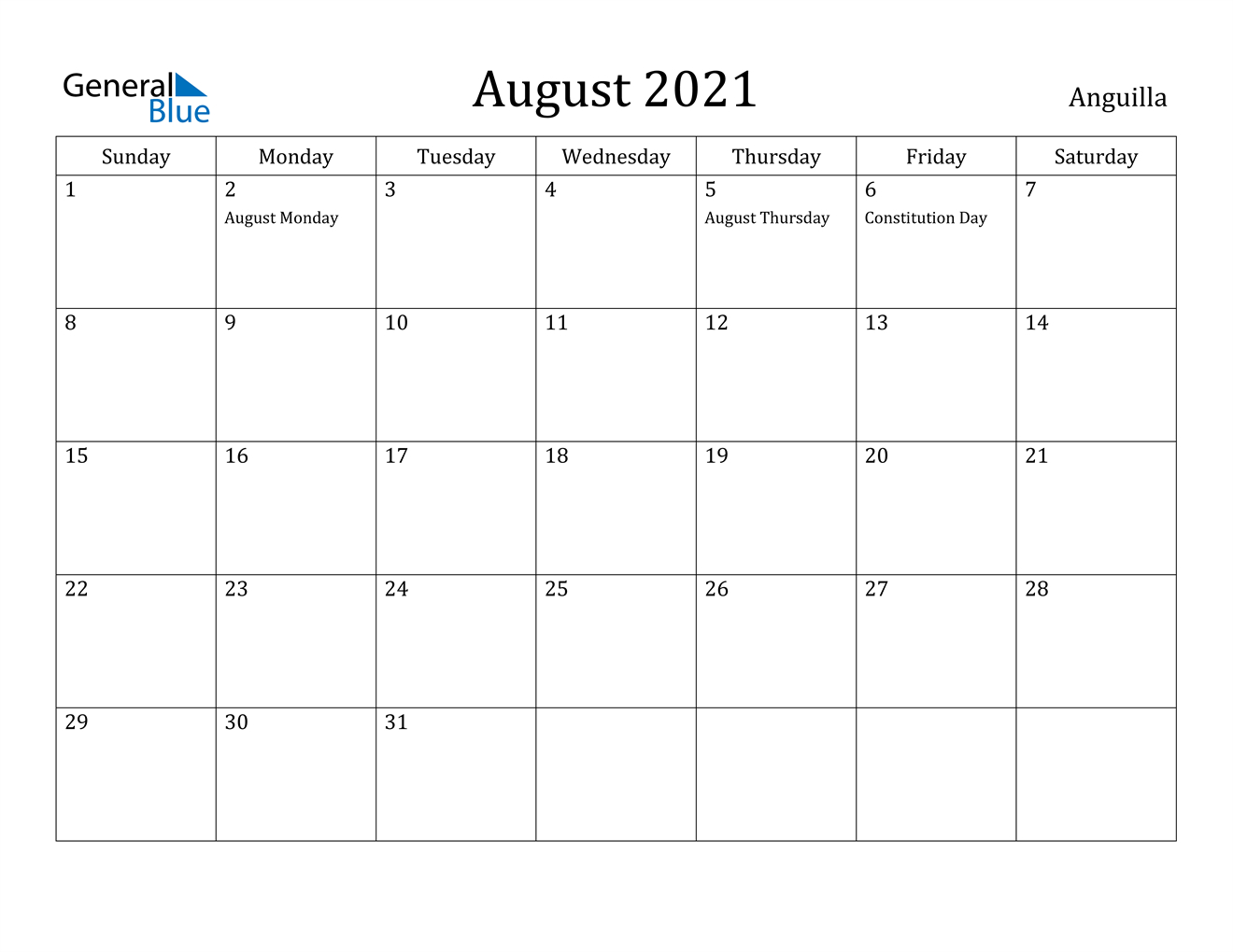 August 2021 Calendar - Anguilla