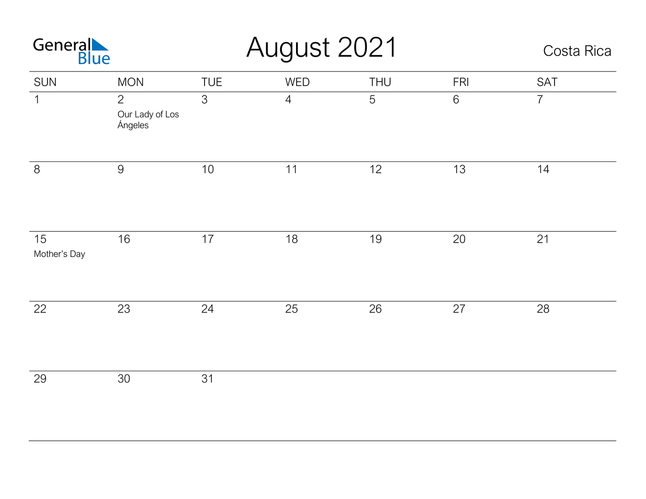 August 2021 Calendar - Costa Rica