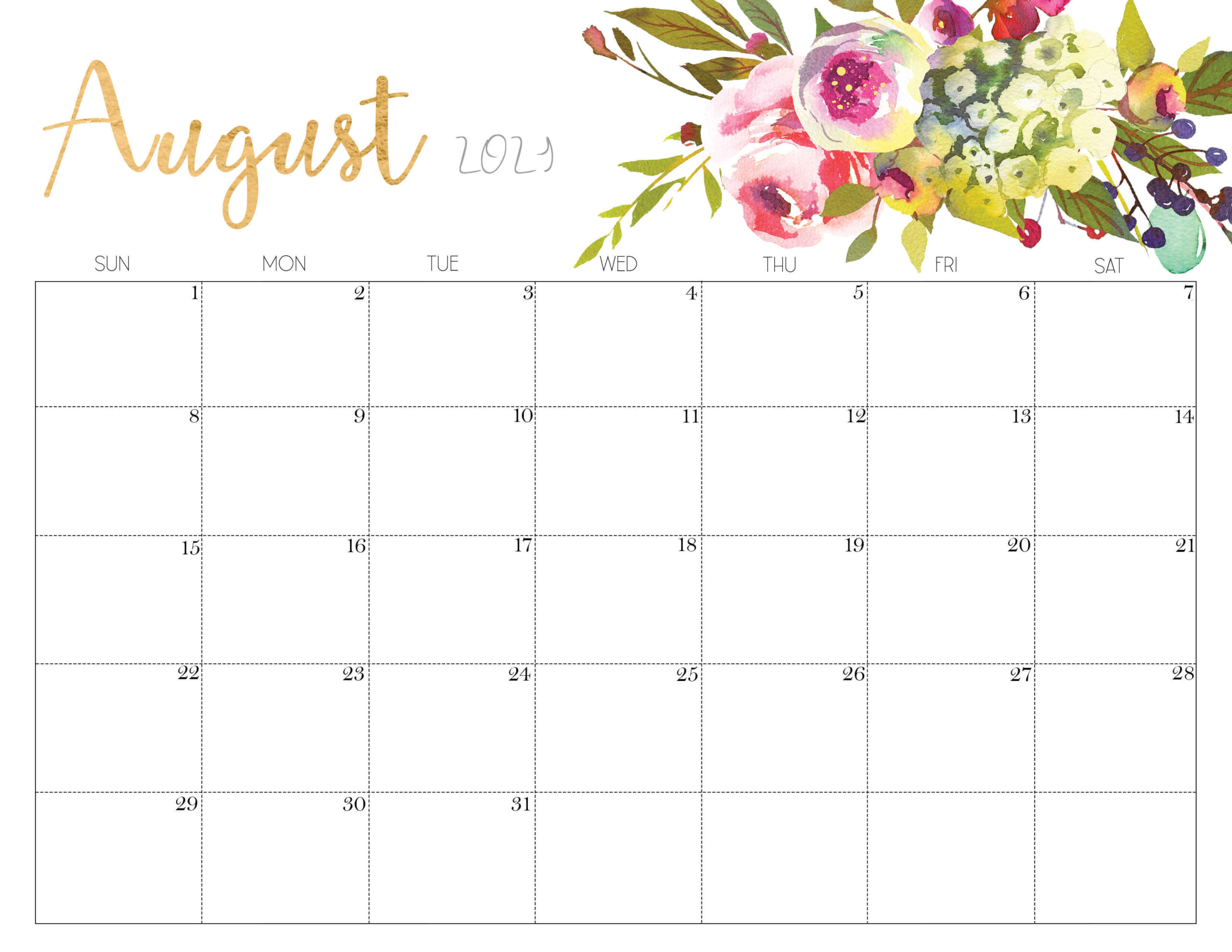 August 2021 Calendar Printable / Free August 2021