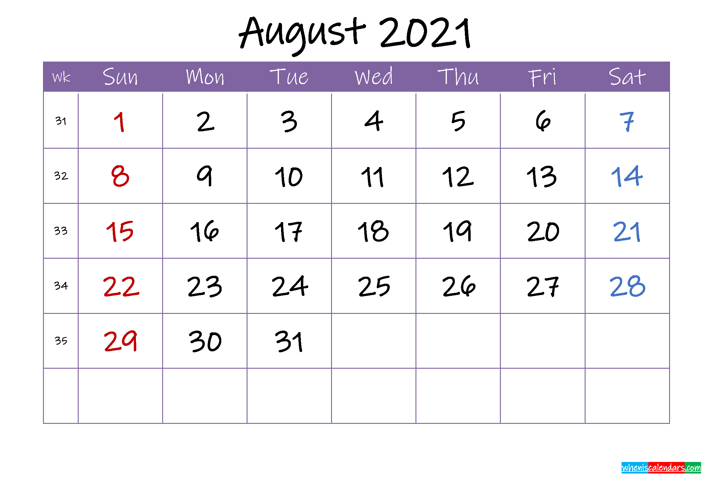 August 2021 Calendar With Holidays Printable - Template