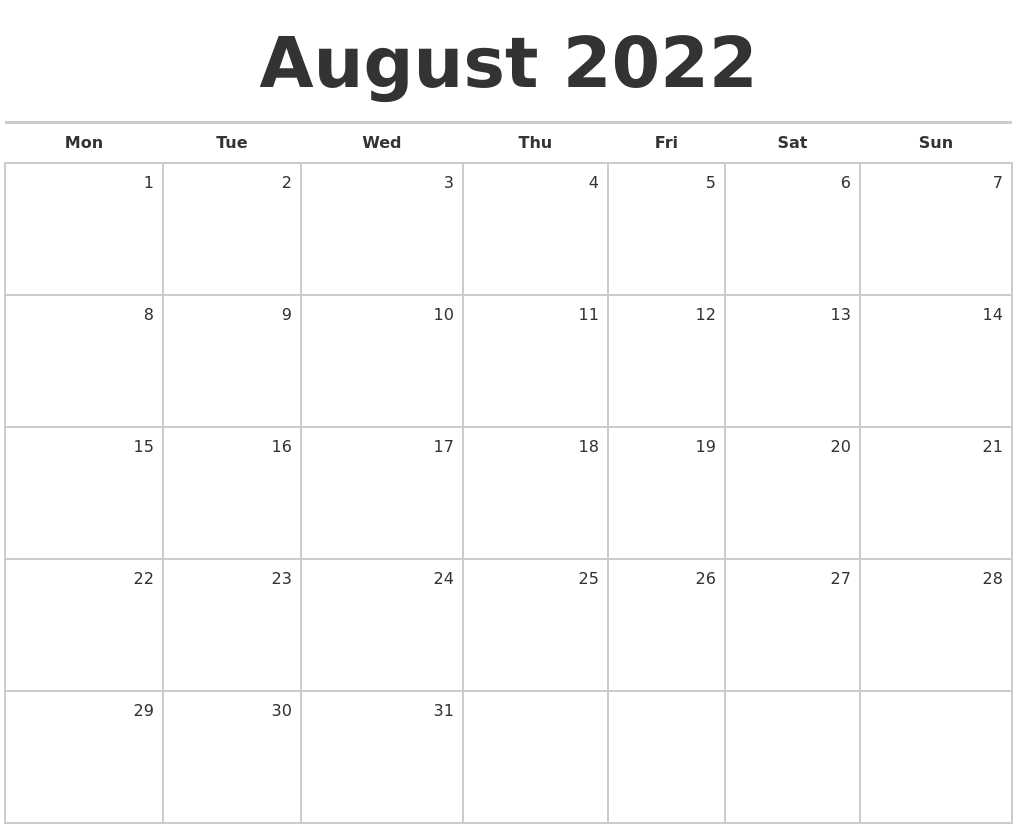 August 2022 Blank Monthly Calendar