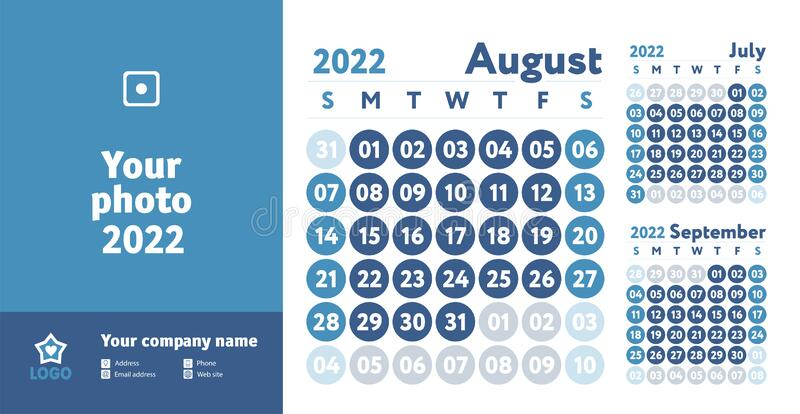 August 2022 Calendar. Blue Color Planner Design. English