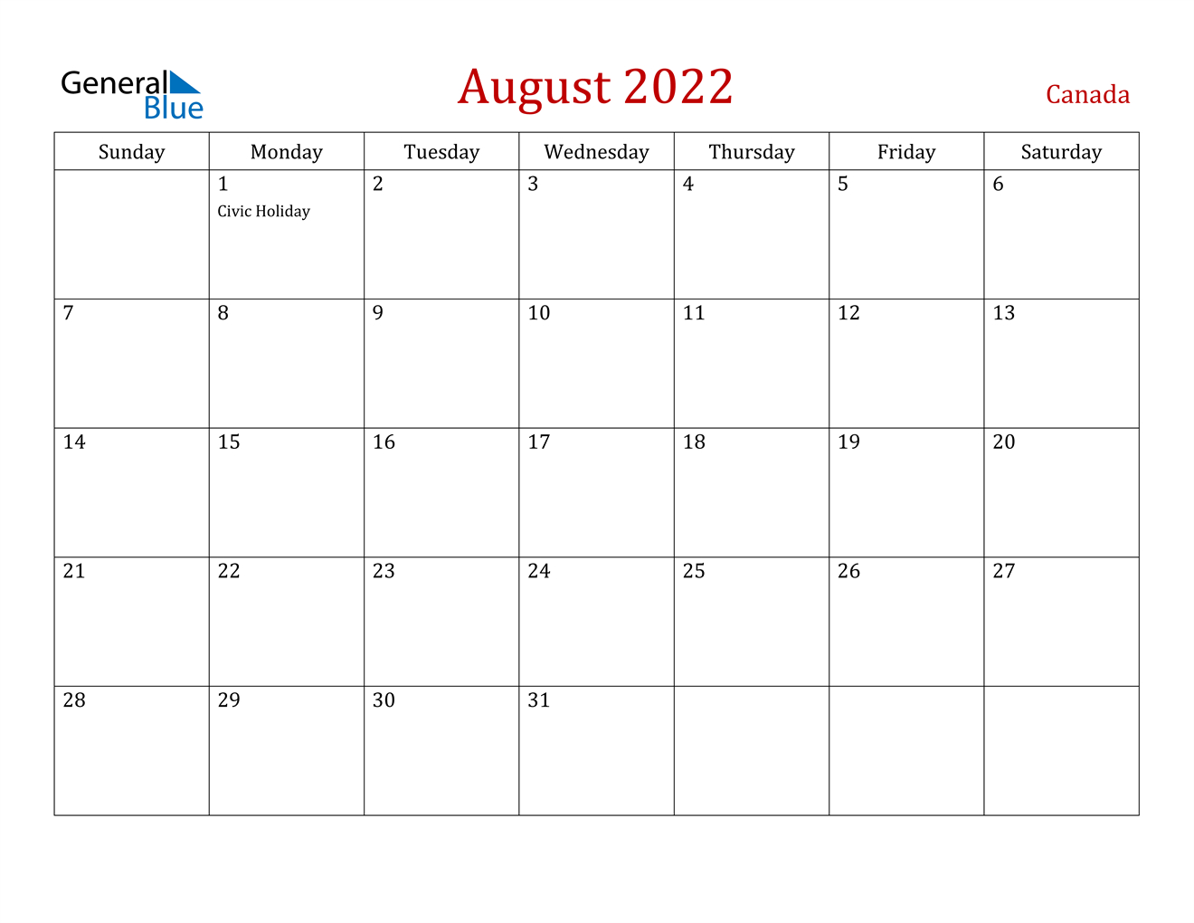 August 2022 Calendar - Canada