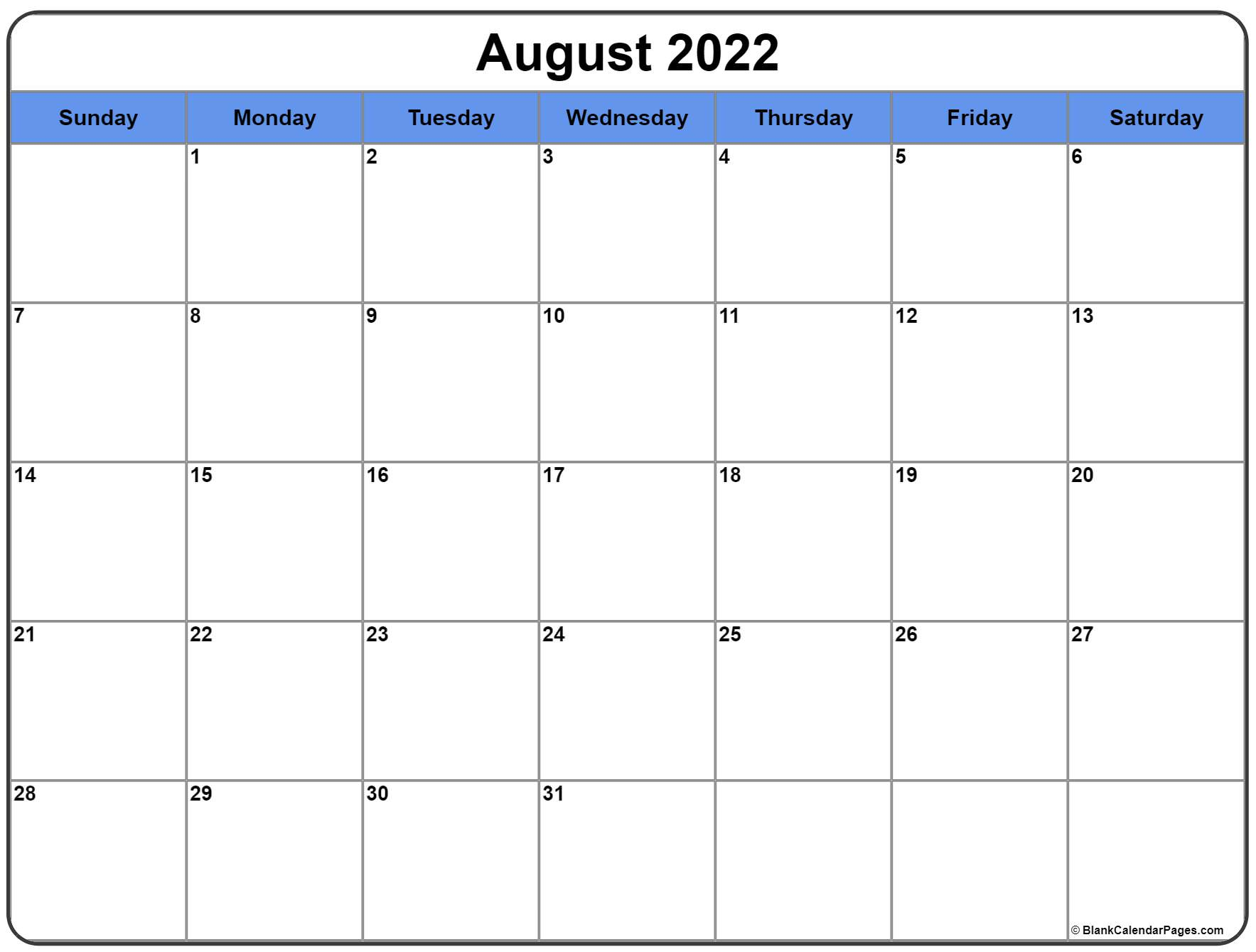 August 2022 Calendar | Free Printable Monthly Calendars