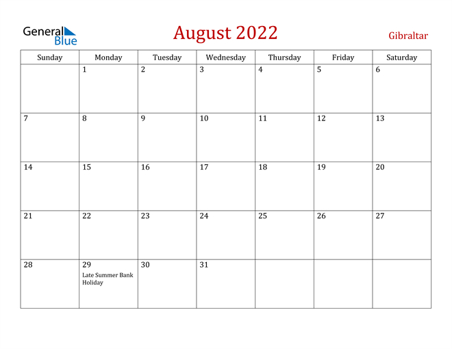 August 2022 Calendar - Gibraltar