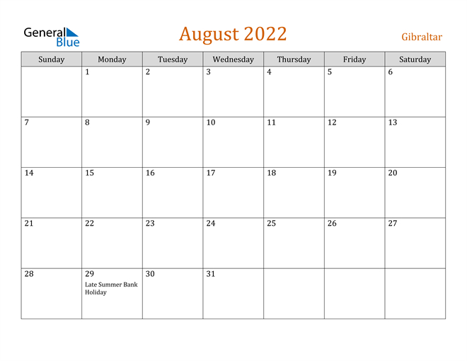 August 2022 Calendar - Gibraltar