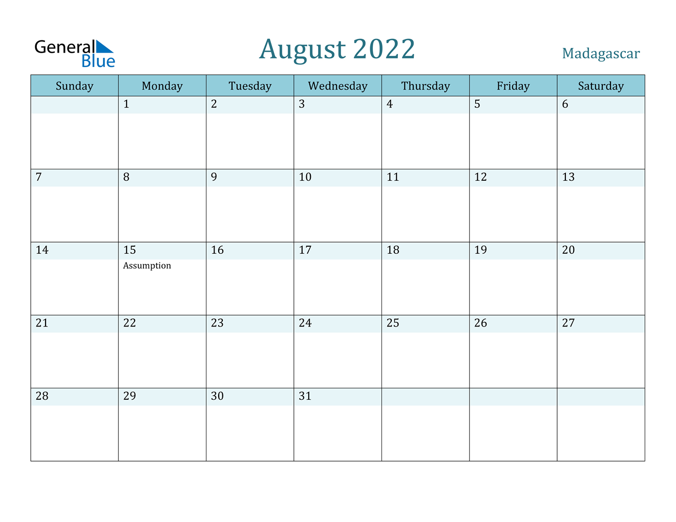 August 2022 Calendar - Madagascar