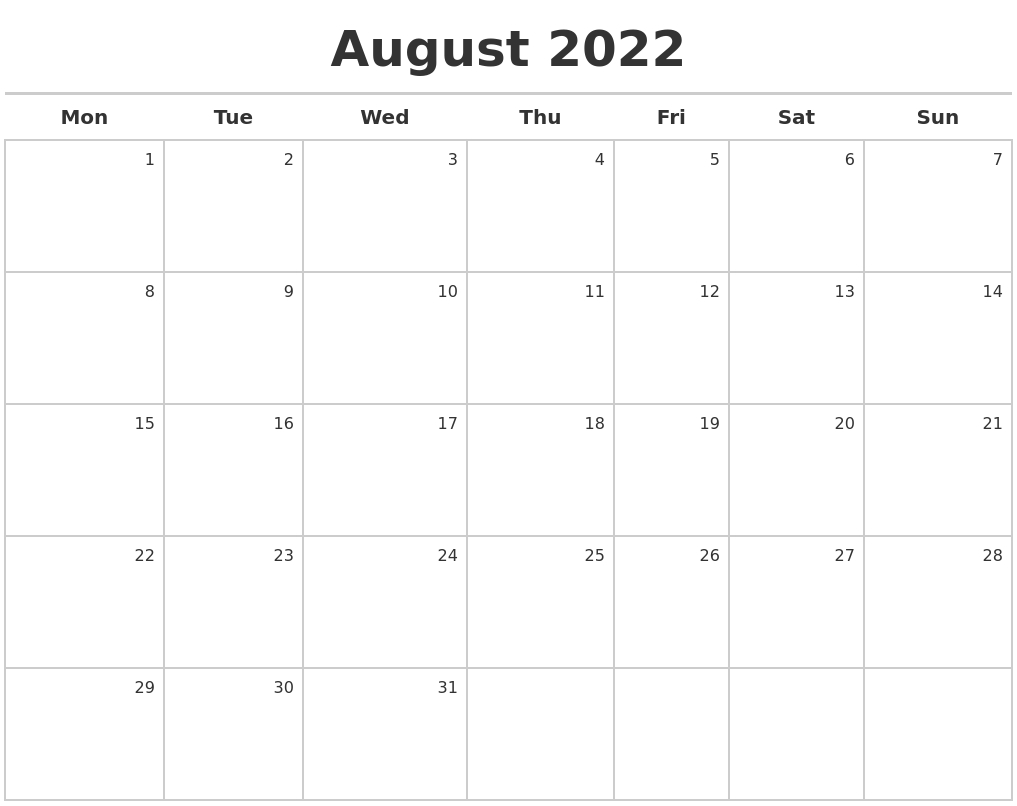 August 2022 Calendar Maker