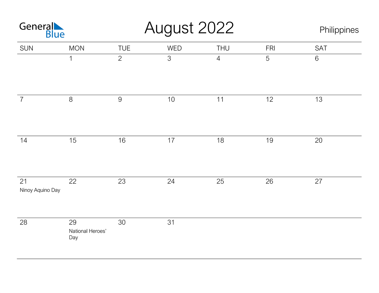 August 2022 Calendar - Philippines