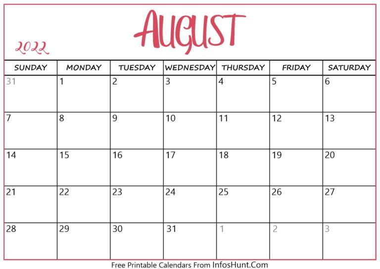 August 2022 Calendar Printable - Free Yearly &amp; Monthly