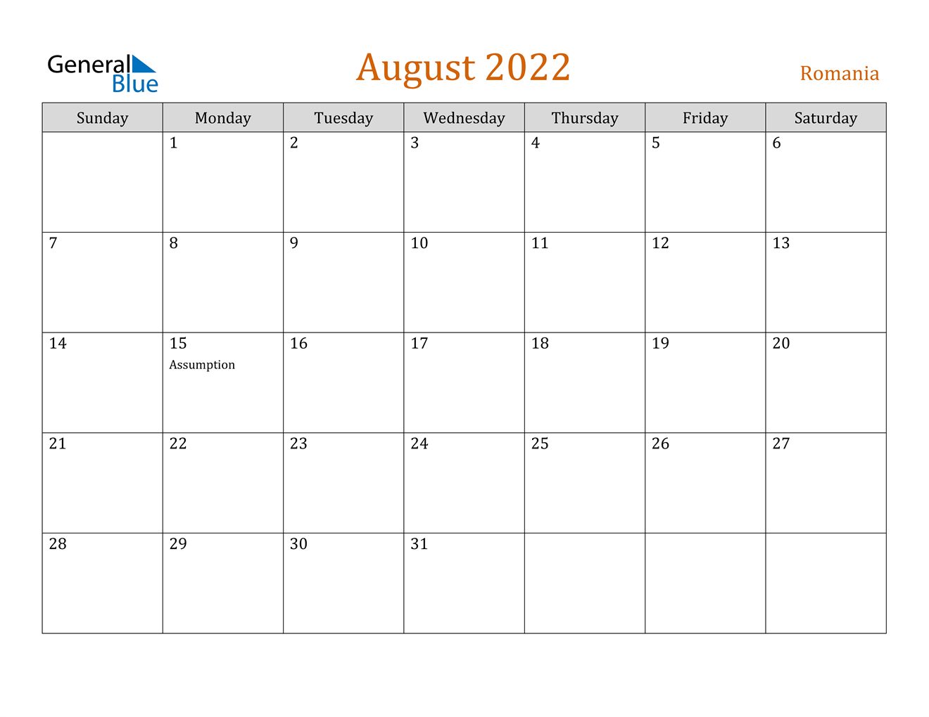 August 2022 Calendar - Romania