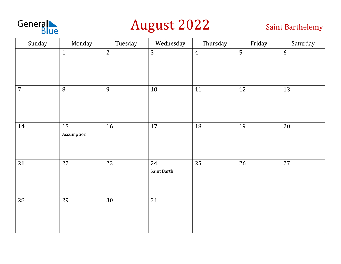 August 2022 Calendar - Saint Barthelemy