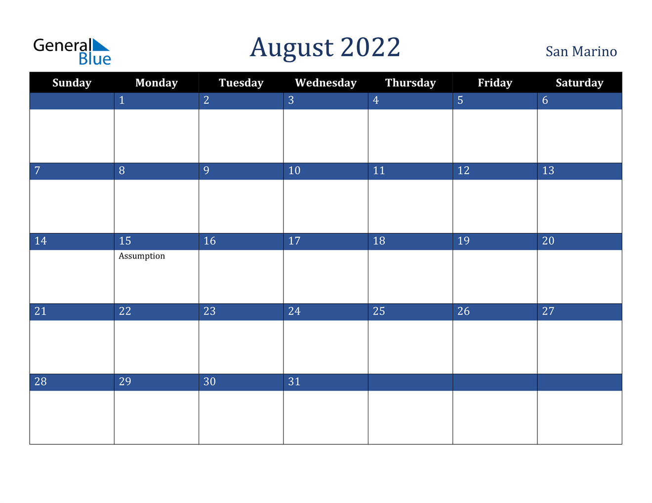 August 2022 Calendar - San Marino