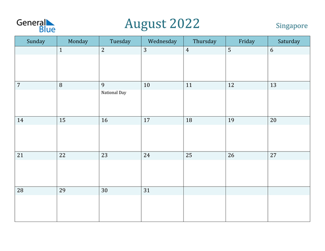 August 2022 Calendar - Singapore